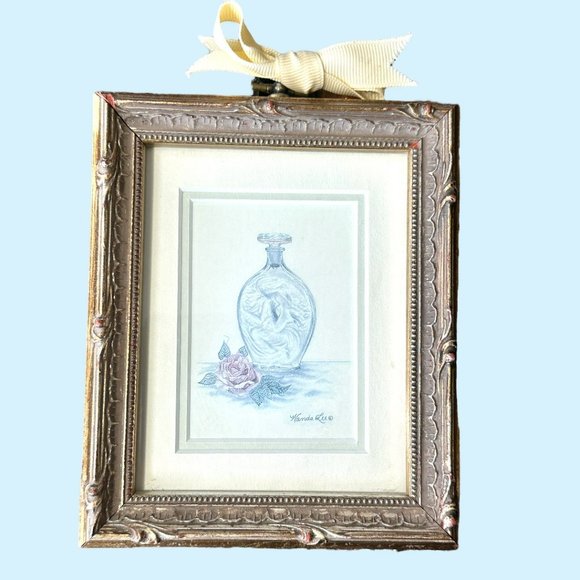 Vintage Wanda Lee Set of 2 Miniature Wood Framed Illustrated Perfume Bottles - Picture 2 of 14